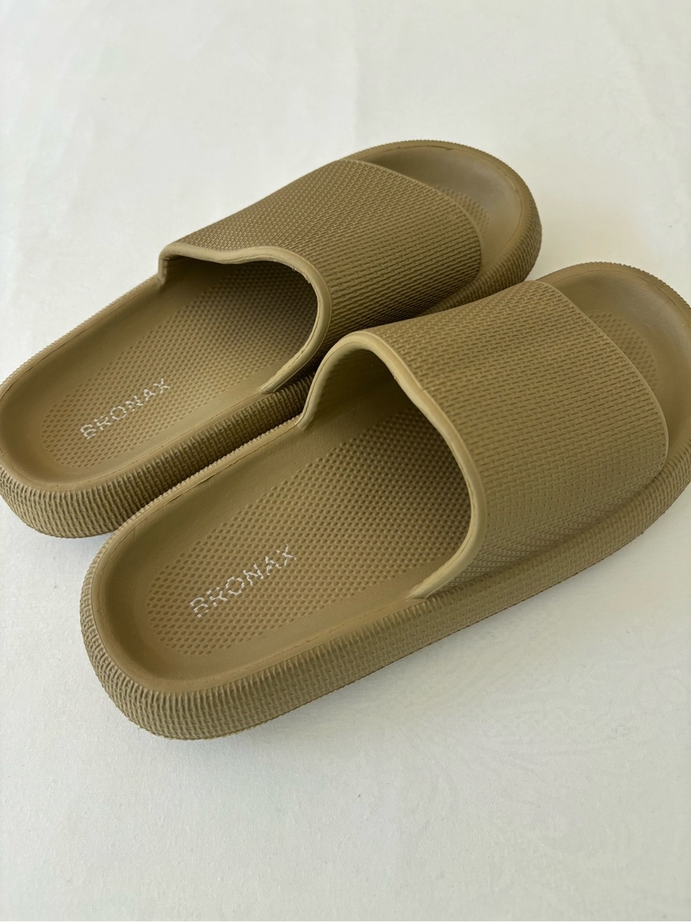 Unisex, Bronax slides, khaki/tan, worn 
Once, size 7.0- 7.5